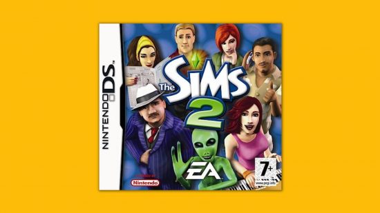 ホテル ゲーム Sims 2 DS: 黄色の背景にある Nintendo DS の Sims 2 のカバー