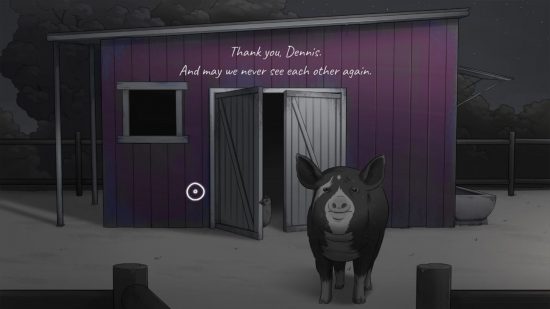 フランクとドレイクのレビュー: ピンクの小屋の前の黒豚
