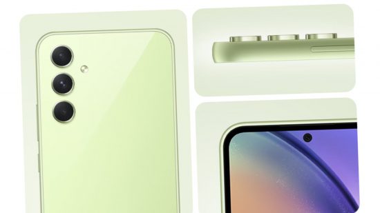 最高の 5G 携帯電話の 1 つである Samsung A54 5G を、3 つの緑色のボックスに 3 つの構成で示します。 左側には、緑色の電話機の背面と 3 つのカメラ レンズが見える背の高い箱が 1 つあります。 右ではないのが 2 つのボックスです。 上の写真は携帯電話の側面とそのカメラの突起を示し、下の写真は前面とその小さなピンホールカメラを示しています。