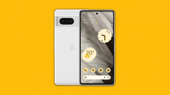 黄色の背景に Google Pixel スマートフォン Pixel 7 Pro
