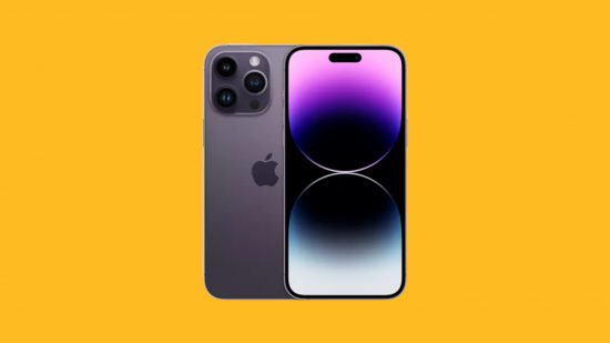 ベスト 4G スマートフォン: マンゴーの背景に貼り付けられた茄子の紫色の iPhone 14 Pro Max (正面と背面の両方)