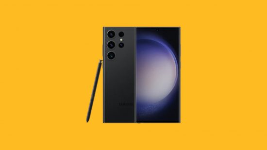 ベスト 4G 携帯電話: マンゴーの背景に黒で貼り付けられた Samsung S23 Ultra