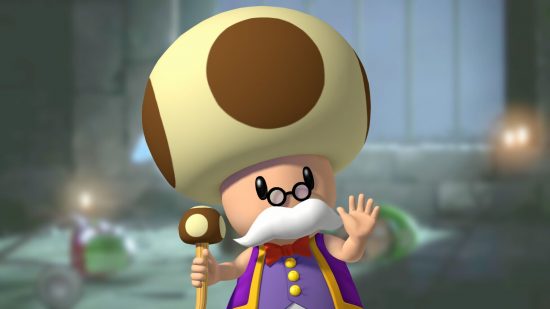 マリオのキャラクターであるトアーズワースは、小さな眼鏡と棒、口の上に白い口ひげを生やし、派手な紫色の服を着た老人で、髪にはキノコが付いています。