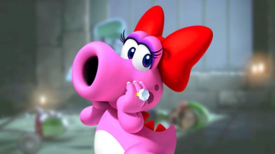 マリオのキャラクター、バードは、髪に弓を持ち、パイプのような大きな幅広の鼻を持ったピンク色の恐竜です。