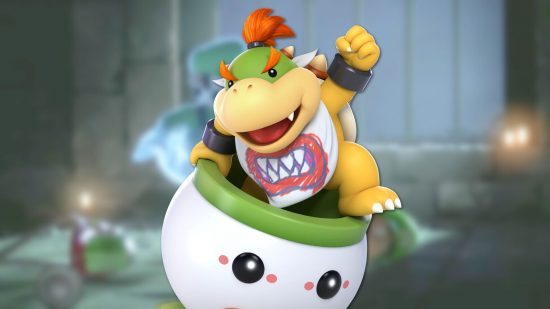 マリオのキャラクター、クッパ ジュニア。ホバークラフトに乗って、にっこり笑った顔を持つ、獰猛な表情をした小さな亀です。 また、彼は歯が描かれたよだれかけを着ています