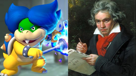 有名な作曲家ルートヴィヒ・ヴァン・ベートーベンの写真の横にある、とがった青い髪をした亀のマリオのキャラクター、ルートヴィヒ。