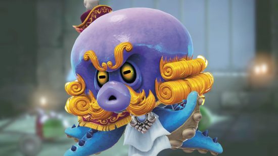 マリオのキャラクター、モロスク ランチャー - カールした大きなブロンドのもみあげ、ふわふわの眉、首の周りに白い帯を持つクラゲ。