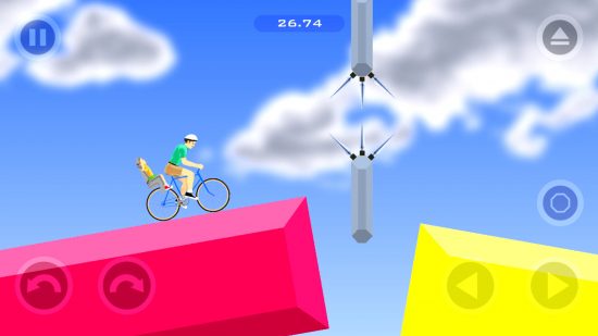 io ゲーム: 無責任なお父さんが子供を連れて自転車に乗って障害物コースを走っている様子を示す Happy Wheel モバイルのスクリーンショット