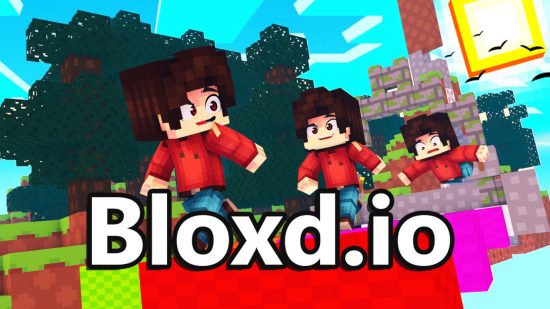 io ゲーム: ブロック状の世界で動作する 3 人のプレイヤー キャラクターを示す Bloxd.io のプロモーション アート 