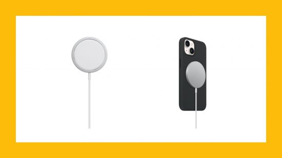 黄色の背景にある Apple MagSafe ワイヤレス充電器の 2 つの画像