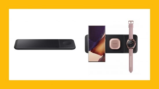 黄色の背景に Samsung Trio ワイヤレス充電器の 2 つの画像