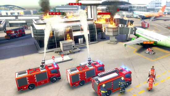 消防士ゲーム: 3 台の消防車が燃えている建物の消火を示す緊急本部のスクリーンショット