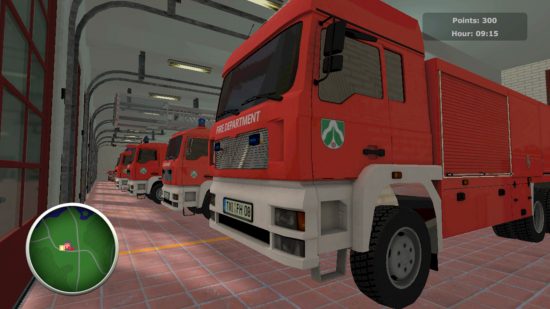 消防士ゲーム: 消防署に並べて駐車している消防車を示す Firefighters The Simulation のスクリーンショット