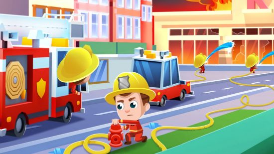 消防士ゲーム: 背景の燃える建物に向かって車が進む中、消火栓にホースを接続する消防士を描いた Idle Firefighter Tycoon のアート