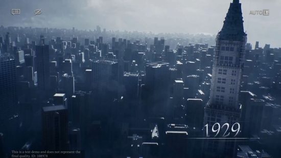 1929 年のニューヨークのスカイラインを示すリバース 1999 レビューのスクリーンショット。すべてスモッグで、前景にエンパイア ステート ビルディングが見えます。