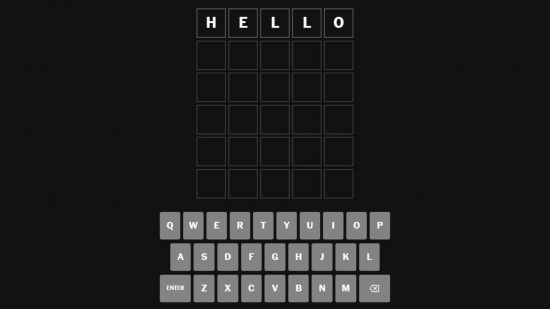 トイレ ゲーム Wordle: 画面上に空白のボックスとキーボードが表示された画面