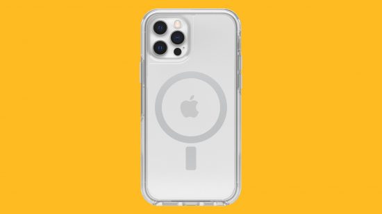 ベスト iPhone ケース: マンゴーの背景に貼られた OtterBox Symmetry Series+ クリア ケースの白い iPhone 12
