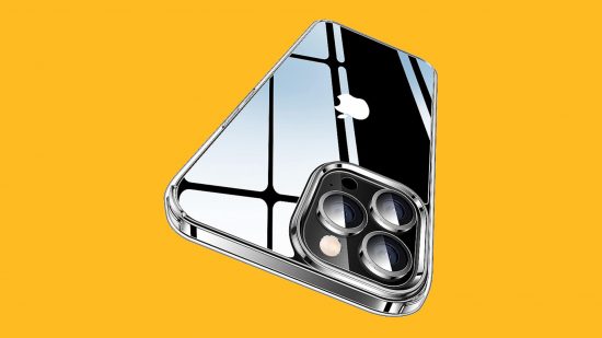 最高の iPhone ケース: マンゴーの背景に Casekoo クリスタル クリア ケースを貼り付けた黒い iPhone