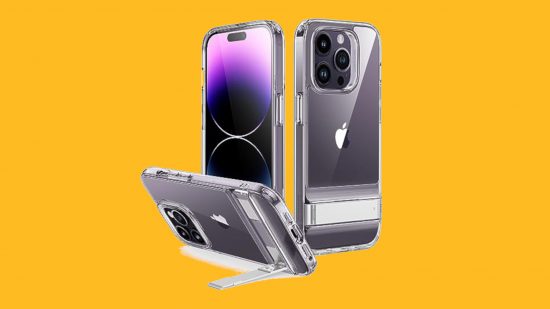 ベスト iPhone ケース: マンゴーの背景に貼り付けられた、紫色の iPhone に透明な ESR メタル キックスタンド ケースの 3 つの角度