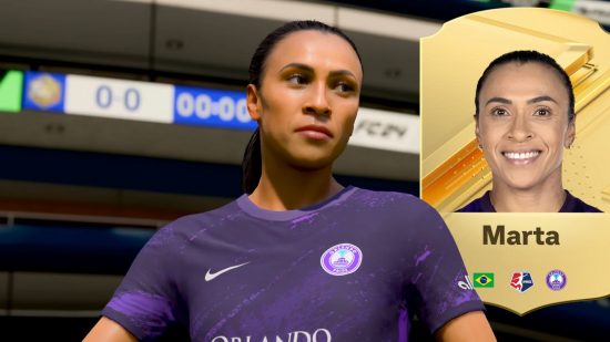 FC 24 の究極のチーム ヘッダーには、紫のシャツを着た黒髪のブラジル人サッカー選手、マルタが描かれており、その隣には彼女の名前とプロフィールを示すゴールド カードが表示されています。