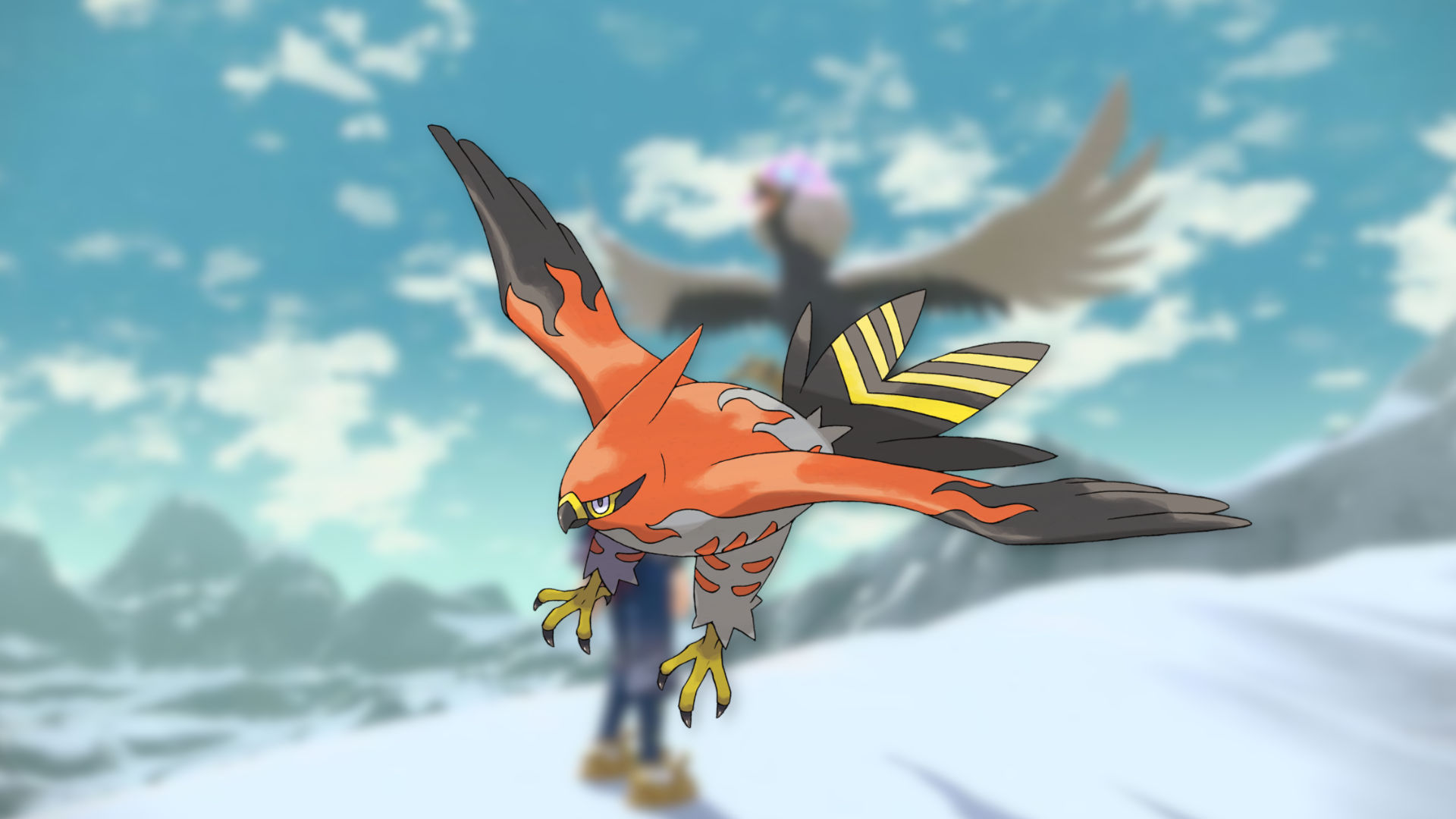 オレンジ色の翼を広げて空を翔ける鳥ポケモンのイメージ