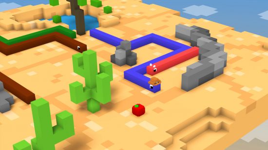 この Blocky Snake ゲームでモバイルで Snake をプレイしてください。 複数の 3D ブロック状のヘビが移動している様子と等角投影レベルを示すスクリーンショット