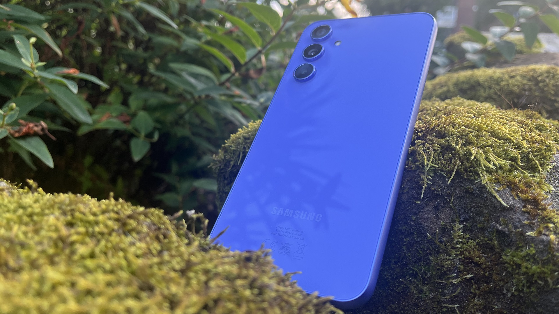 Samsung A54 レビュー - 苔むした岩の上に置かれた青い Samsung A54 の背面
