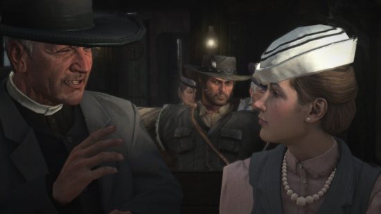 Dead Redemption Switch のレビューのスクリーンショットを読んでください。司祭と若い女性が会話をしており、その後ろには少し怪しい様子のカウボーイがいます。