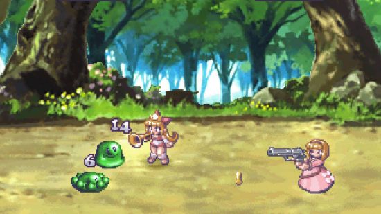 Rhapsody Marl Kingdom Chronicles Switch のレビューのスクリーンショットには、森の中で緑のスライムのモンスターと戦う 2 人の女の子が示されています。1 人はトランペットを使い、もう 1 人はピストルを使います。