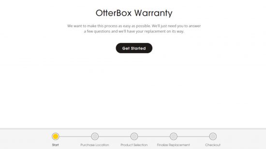 OtterBox 保証: 5 つのステップのプロセスを示す OtterBox 保証ページのスクリーンショット
