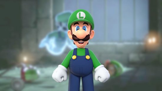マリオのキャラクター、ルイージは、幸せそうにまっすぐなポーズで立っています。彼は、緑の帽子とシャツ、白い手袋、青いダンガリーを着た男性です。 彼はふさふさした口ひげと大きな丸い鼻を持っています。