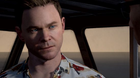 選択ゲーム メダンの男: ボートに乗る明るいシャツを着たアニメーションの男