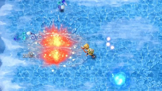 ルーンファクトリー3 特別レビュー：氷に囲まれながら剣でモンスターを攻撃するキャラクター