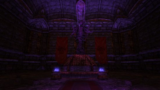 スカイリムの闇の一党MOD Brotherhood of Oldの吊り看板のある不気味な紫色のホール 
