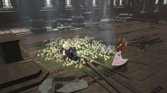 ファイナルファンタジー エバークライシス レビュー - 花畑に座るクラウドとエアリスを見下ろしている