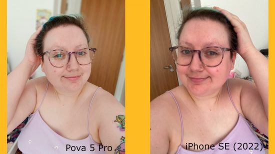 Tecno Pova 5 Pro 5G Free Fire Special Edition レビュー: 筆者の 2 枚の写真を示す比較グラフィック。左は Pova 5 Pro で撮影したもの、右は iPhone SE (2022) で撮影したものです。