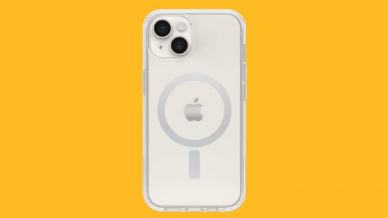 ベスト iPhone 15 Plus ケース: OtterBox Symmetry Series+ Clear を白い iPhone 14 Plus にマンゴーの背景に貼り付けて表示
