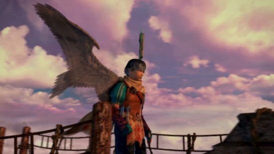 Baten Kaitos I & II HD Remaster のレビュー ショットでは、曇った青空の前に青い髪と大きな翼を持つ男が立っています。