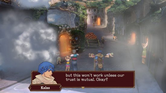 Baten Kaitos I & II HD Remaster のレビュー ショットは、青い髪の男が通りに立っている町を示しています。