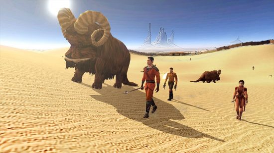 「Starfield: 数人のスター ウォーズ キャラクターが砂漠の惑星を歩き回る」のようなゲーム
