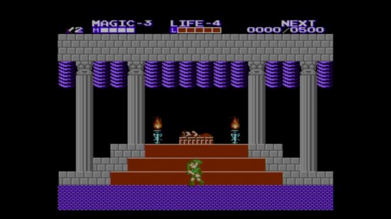 すべてのゼルダ ゲームを順番に並べて表示: 城内にリンクがあるゼルダ II のスクリーンショット