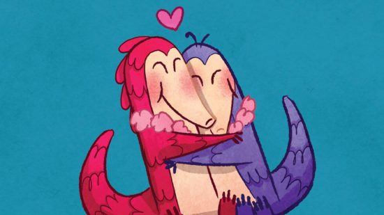 2017 年のバレンタインデーの Google Doodle ゲームで抱き合う 2 頭の漫画センザンコウのイラスト