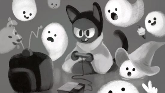 2016 年のハロウィンの Google Doodle ゲームで幽霊が見守る中、ゲームをする猫のアートワーク