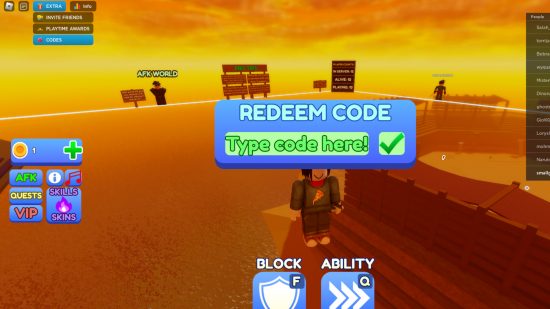 Blade Ball コード: Blade Ball のコード引き換え画面のスクリーンショット。左上隅にエクストラ ドロップダウン メニューが表示されています。
