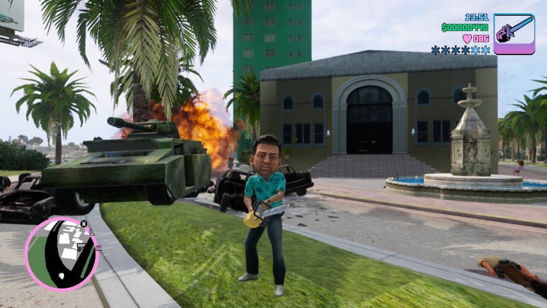アロハシャツを着た男性キャラクターがチェーンソーを持って燃える戦車の前に立つ