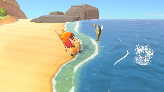 ACNH 魚リスト - オレンジ色の服を着て海で魚を捕まえる村人