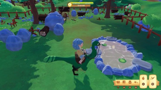 Paleo Pines Switch レビュー: プレイヤー キャラクターが緑色のガリミムスに乗って、水を汲もうとしている池のそばに立っている