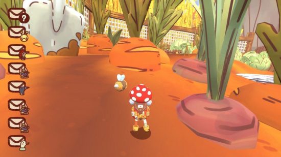 Mail Time Switch レビュー: 赤いキノコの帽子をかぶった Daz のプレイヤー キャラクターの後ろ姿、巨大なカブとニンジンの近くに立っています。