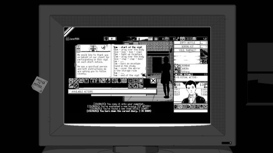 World of Horror レビュー - 徹夜のパンフレットの内容を示す、徹夜のストーリー中のゲームプレイのスクリーンショット 