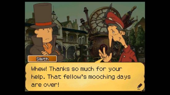 ベスト DS ゲーム: スクリーンショットは、ニンテンドー DS ゲーム「レイトン教授と巻き戻された未来」を示しています